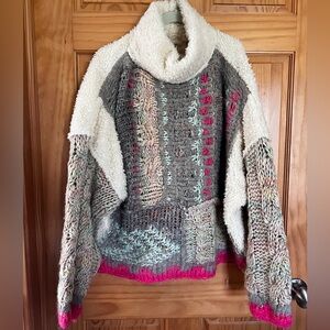 Free People Chunky Mixed-Knit Cowl Neck Sweater in Gray, Cream & Pink